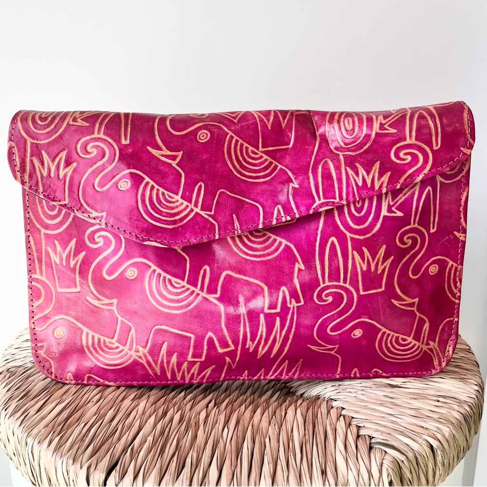 Pink Elephant-Print 100% Leather Envelope Clutch
